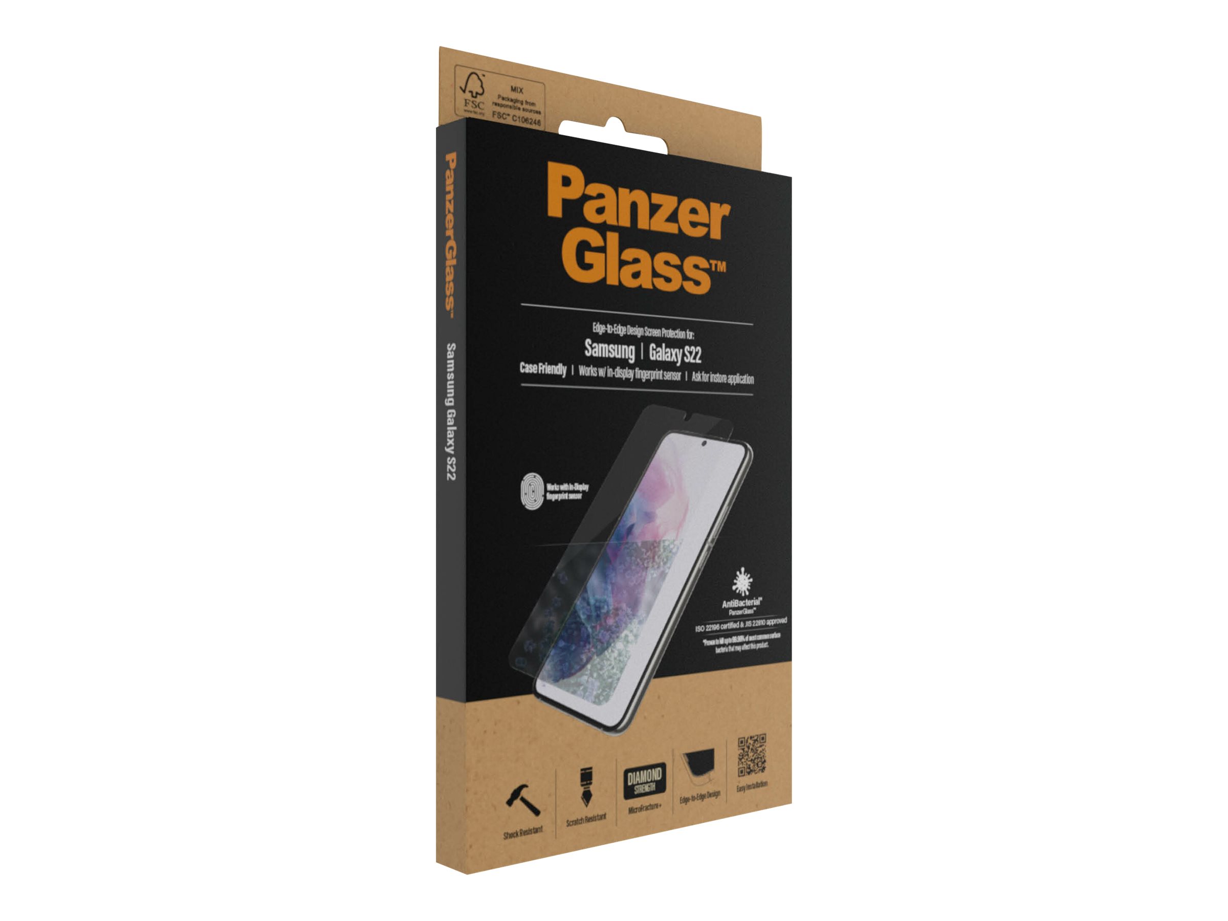 PanzerGlass | Samsung | Galaxy S22 | Tempered glass | Transparent | Case friendly. Compatible with ultrasonic fingerprint sensor. 100 % touch sensitivity. Antibacterial (ISO 22196 certified & JIS 22810 approved) | Screen Protector - Image 21