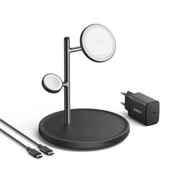 Anker MagGo Wireless Charging Station (15W, 3-in-1 Stand) with cable and charger bundle | B25M3312