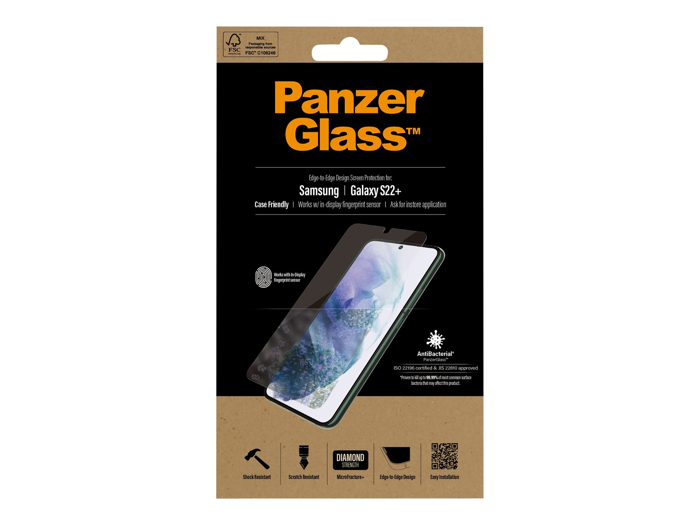 PanzerGlass | Samsung | Galaxy S22+ | Tempered glass | Transparent | Case friendly. Compatible with ultrasonic fingerprint sensor. 100 % touch sensitivity. Antibacterial (ISO 22196 certified & JIS 22810 approved) | Screen Protector - Image 15