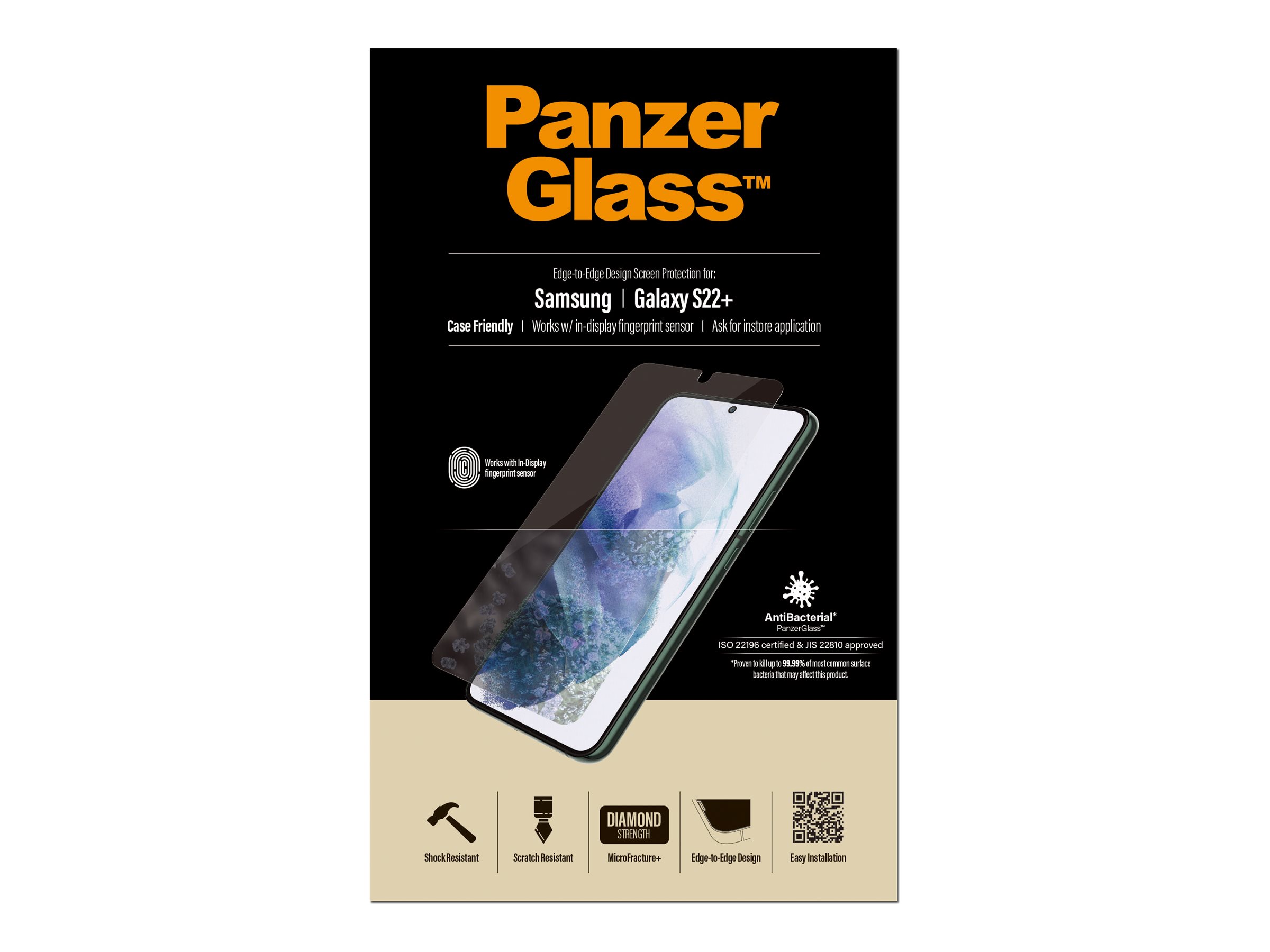 PanzerGlass | Samsung | Galaxy S22+ | Tempered glass | Transparent | Case friendly. Compatible with ultrasonic fingerprint sensor. 100 % touch sensitivity. Antibacterial (ISO 22196 certified & JIS 22810 approved) | Screen Protector - Image 18