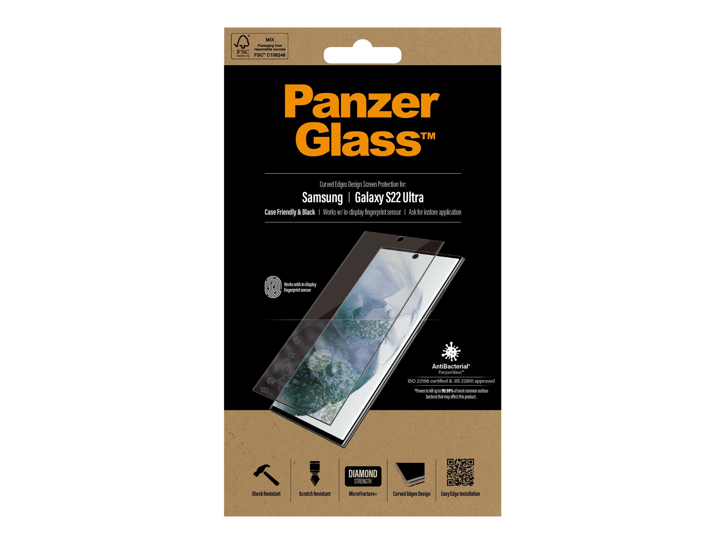 PanzerGlass | Samsung | Galaxy S22 Ultra | Tempered glass | Black | Case friendly. Compatible with ultrasonic fingerprint sensor. 100 % touch sensitivity. Antibacterial (ISO 22196 certified & JIS 22810 approved) | Screen Protector - Image 14