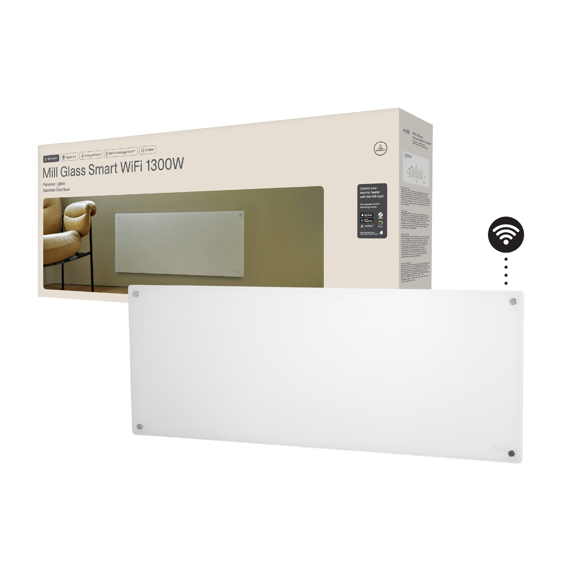 Mill Glass Smart WiFi Panel Heater Gen. 4 | GL1300WIFI4 | Panel Heater | 1300 W | Suitable for rooms up to 15-19 m² | White
