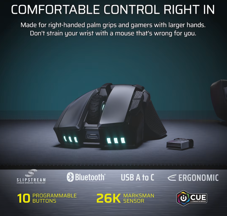 Corsair IRONCLAW SE | Gaming Mouse | Wireless/Wired | 2.4GHz, Bluetooth, USB-C | Black - Image 3