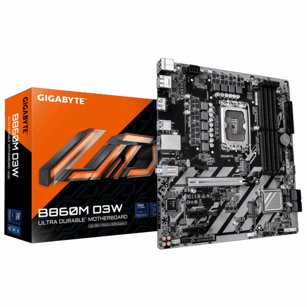 Gigabyte B860M D3W | Processor family Intel | Processor socket LGA1851 | DDR5 | Supported hard disk drive interfaces M.2, SATA | Number of SATA connectors 4