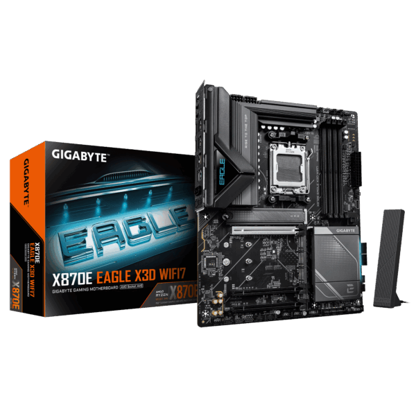 Gigabyte X870E EAGLE X3D WIFI7 | Processor family AMD | Processor socket AM5 | DDR5 | Supported hard disk drive interfaces M.2, SATA | Number of SATA connectors 4