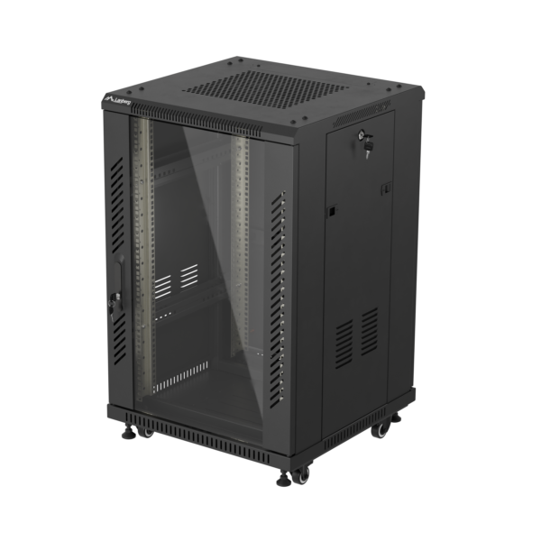 Lanberg Rack cabinet 19" free-standing 18U/600x600 (flat pack) with glass door | IP20 | Black, RAL 9004