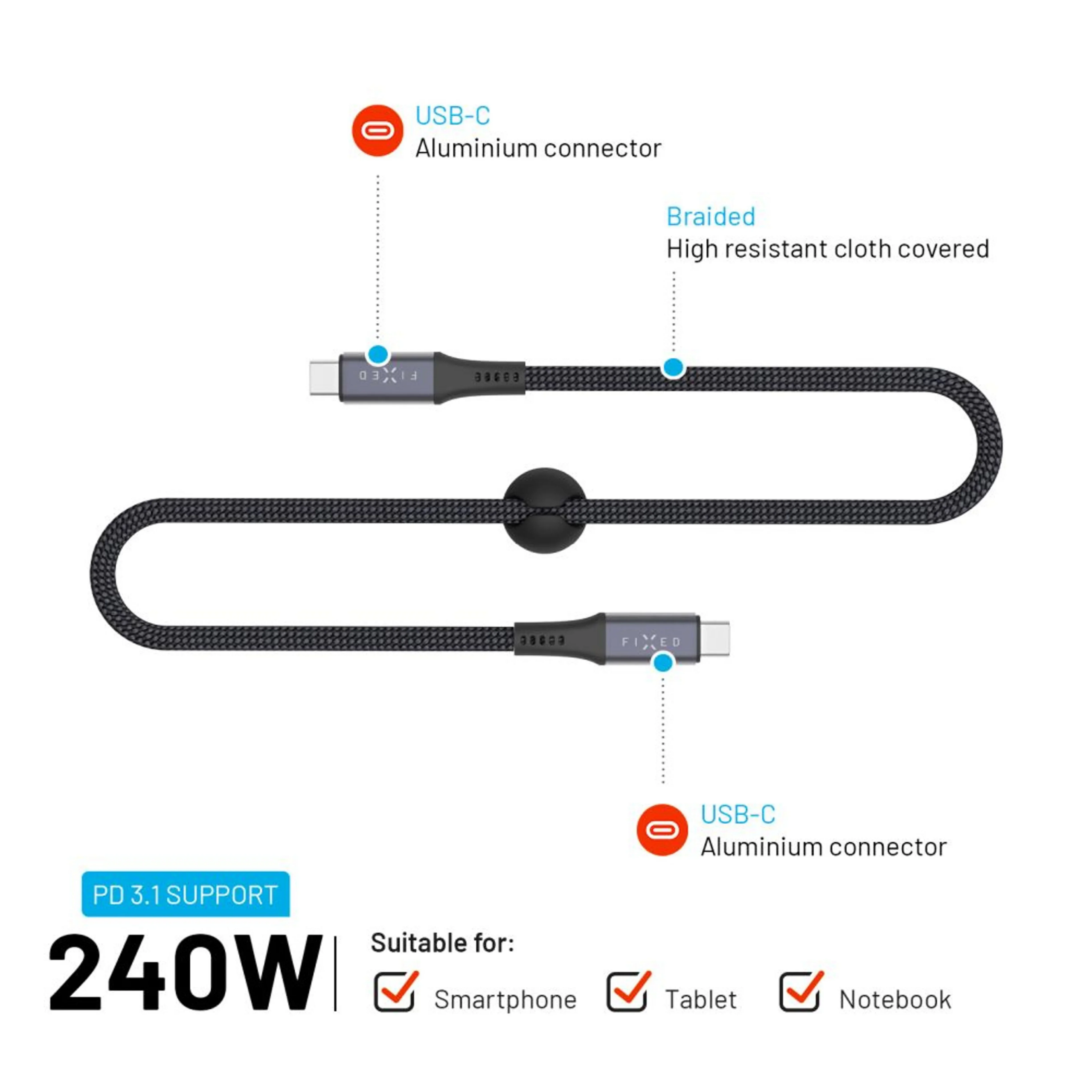 Fixed Braided Cable USB-C/USB-C, 2m, USB4 gen2 20Gbps, 4K 60Hz, 240W | FIXDBP-CC2-GR - Image 6