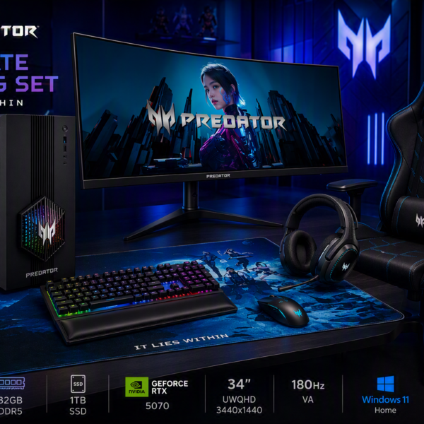 Acer Ultimate Gaming Set | Orion 3000 + X34 V3 + PGC371 + Aethon 700 + Galea 550 + Cestus 333 + PMP470 | Desktop | Tower | Intel Core Ultra 7 | 265F | 32 GB | DDR5 | 1000 GB | NVIDIA GeForce RTX 5070 | US | Windows 11 Home