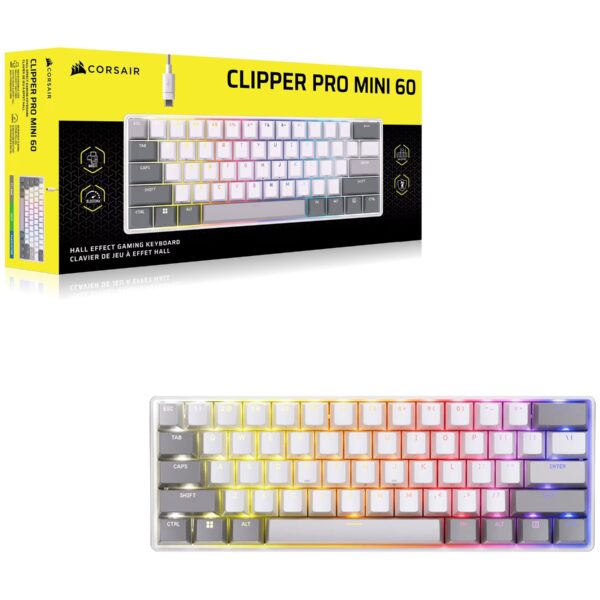 CORSAIR CLIPPER PRO MINI 60 Hall Effect Gaming Keyboard, Backlit RGB LED, CORSAIR MGX Core, White , PBT DS Keycaps | Corsair