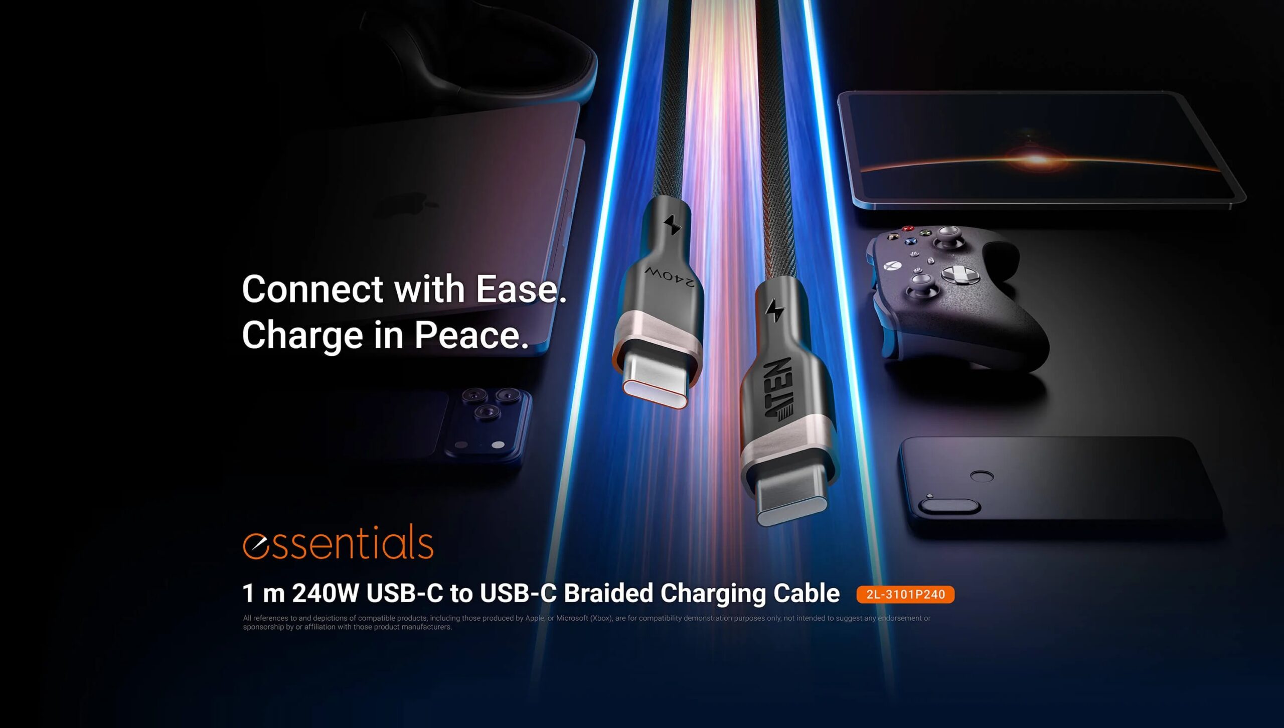 Aten 240W USB-C to USB-C Braided Charging Cable, 1 m | 2L-3101P240 | USB-C to USB-C - Image 3