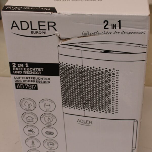 SALE OUT. Adler AD 7917 Air Dehumidifier, 200 W, Free standing, White DAMAGED PACKAGING | SALE OUT. Adler | Air Dehumidifier | AD 7917 | Power 200 W | Suitable for rooms up to 60 m³ | Water tank capacity 2.2 L | White | DAMAGED PACKAGING