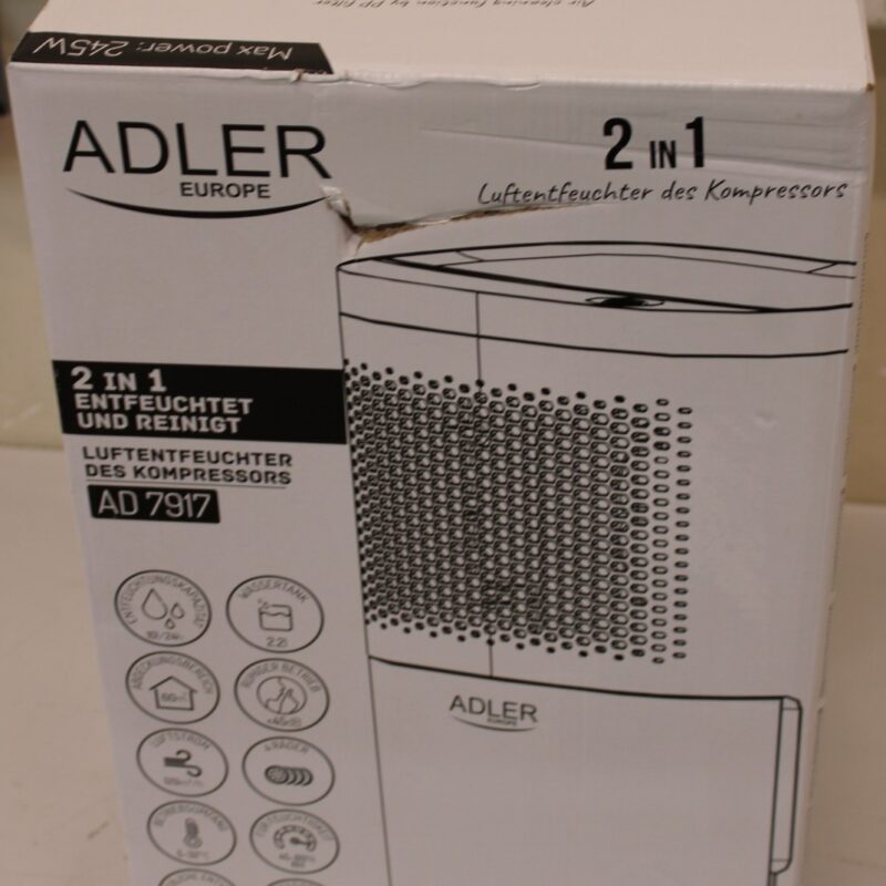 SALE OUT. Adler AD 7917 Air Dehumidifier, 200 W, Free standing, White DAMAGED PACKAGING | SALE OUT. Adler | Air Dehumidifier | AD 7917 | Power 200 W | Suitable for rooms up to 60 m³ | Water tank capacity 2.2 L | White | DAMAGED PACKAGING